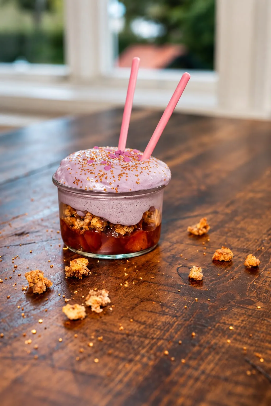 Dessert im Glas mit Fruchtkompott, goldenen Streuseln, lila Schaum und zwei rosa Löffeln