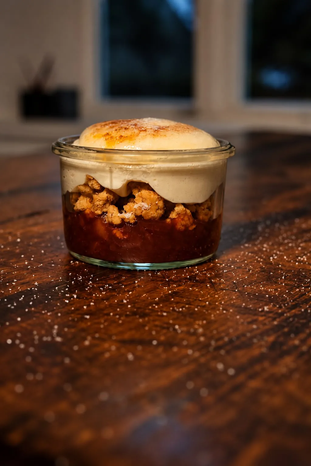 Fruchtkompott und Crumble-Streusel im Glas unter hellem Schaum mit goldbrauner Oberfläche